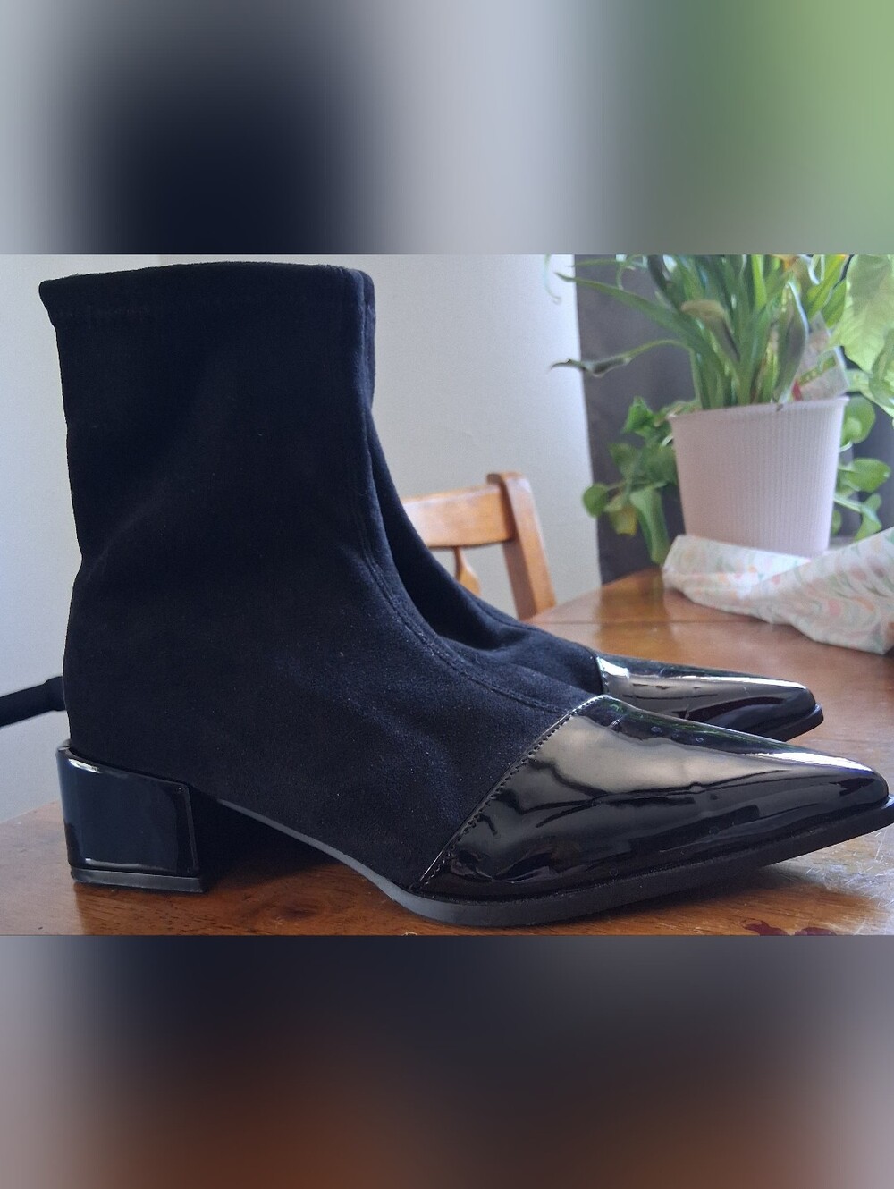 Black Suede Ankle Booties with Patent Cap Toe